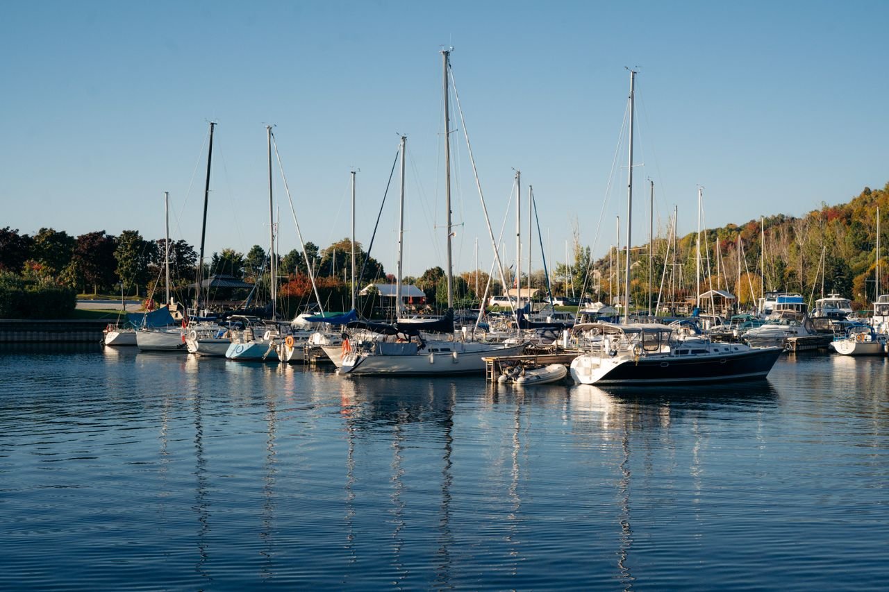 Tranquil marina with sailboats and autumn foliage reflecting on calm water.